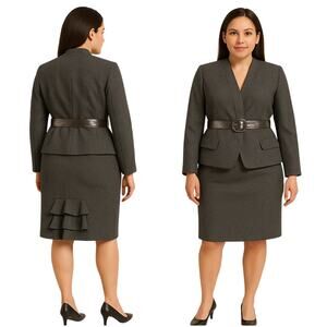 Worthington Brown Tweed Ruffle Trim Belted Suit Skirt and Jacket Size L/12